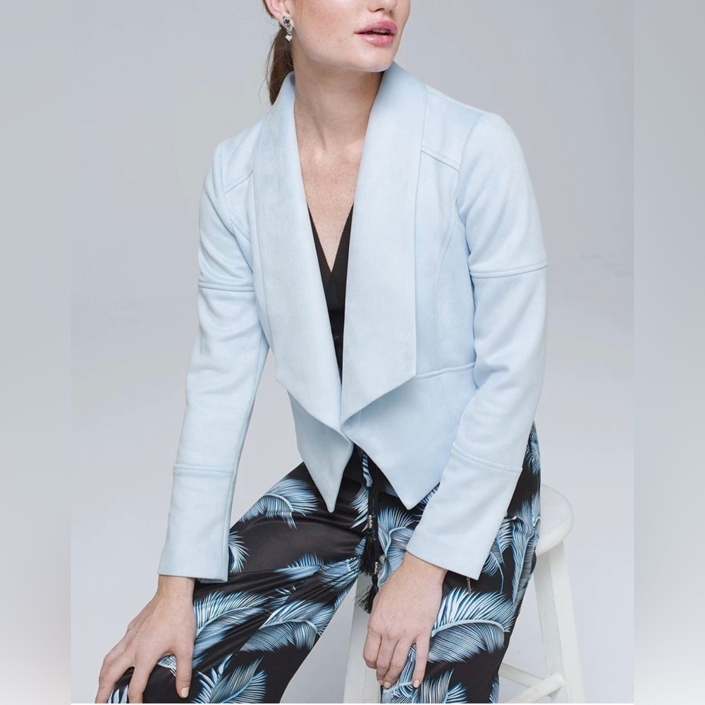 WHBM Faux-Suede Drape front cropped jacket on glass. Size Small